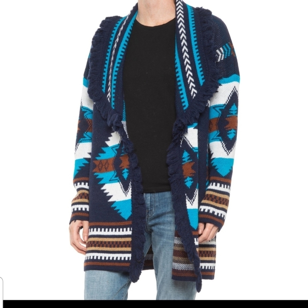 Aztec Fringed Cardigan Sweater Wool Fabric Blue Multi Made in Italy NWT Medium